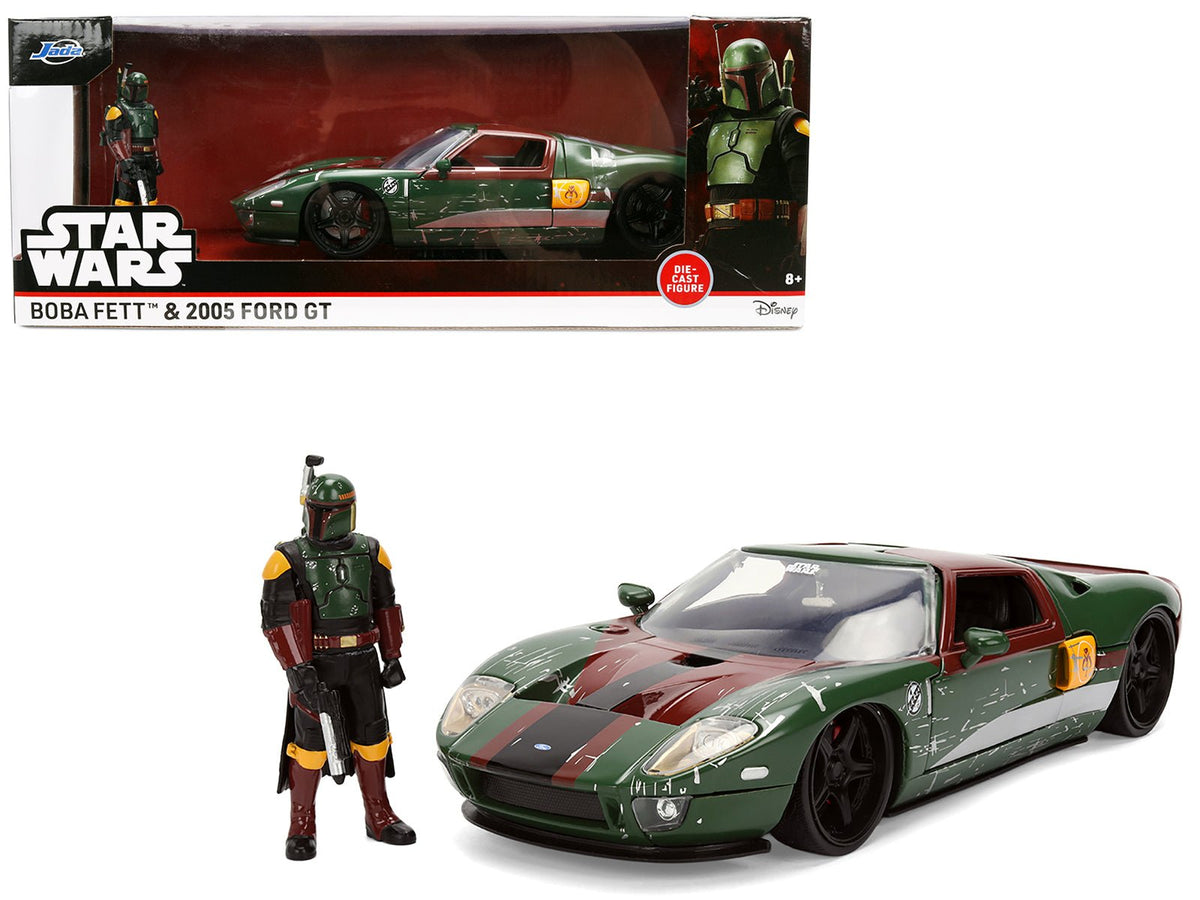 2005 Ford GT Green (Weathered) with Graphics and Boba Fett Figure "Star Wars" Franchise "Hollywood Rides" Series 1/24 Diecast Model Car by Jada free shipping USA