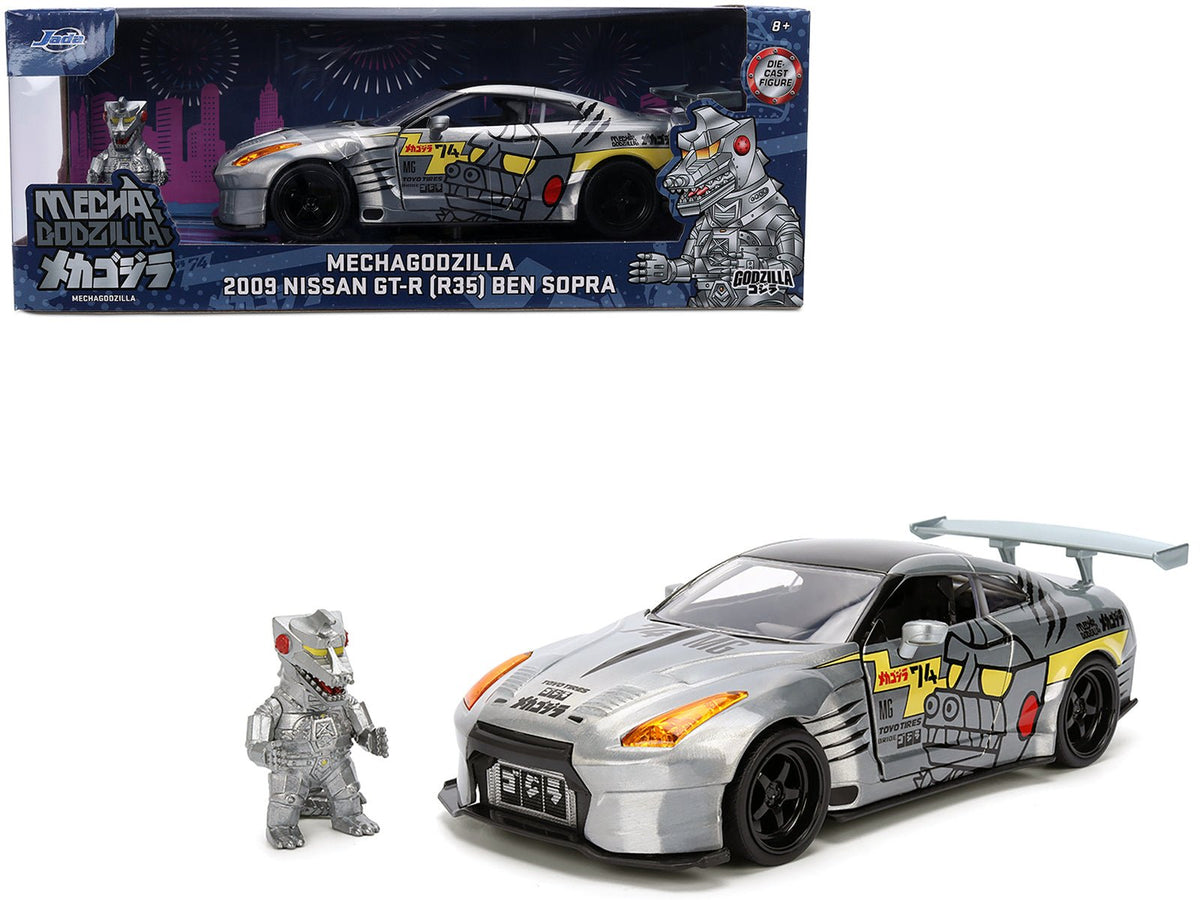 2009 Nissan GT-R (R35) Ben Sopra Brushed Metal with Black Top and Graphics and Mechagodzilla Diecast Figure "Godzilla" Franchise "Anime Hollywood Rides" Series 1/24 Diecast Model by Jada free shipping USA