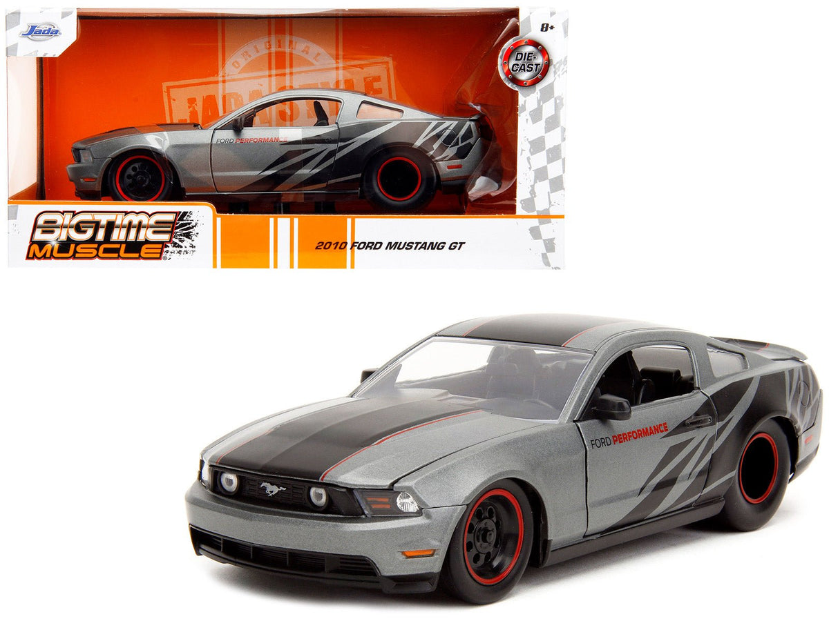 2010 Ford Mustang GT Matt Gray Metallic with Black Graphics and Stripes "Ford Performance" "Bigtime Muscle" Series 1/24 Diecast Model Car by Jada free shipping USA