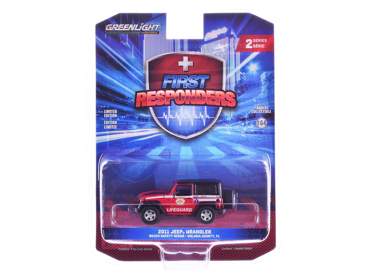2011 Jeep Wrangler "Volusia County Florida Beach Safety Ocean Rescue Lifeguard/EMT" Red with White Stripes "First Responders" Series 2 1/64 Diecast Model Car by Greenlight free shipping USA