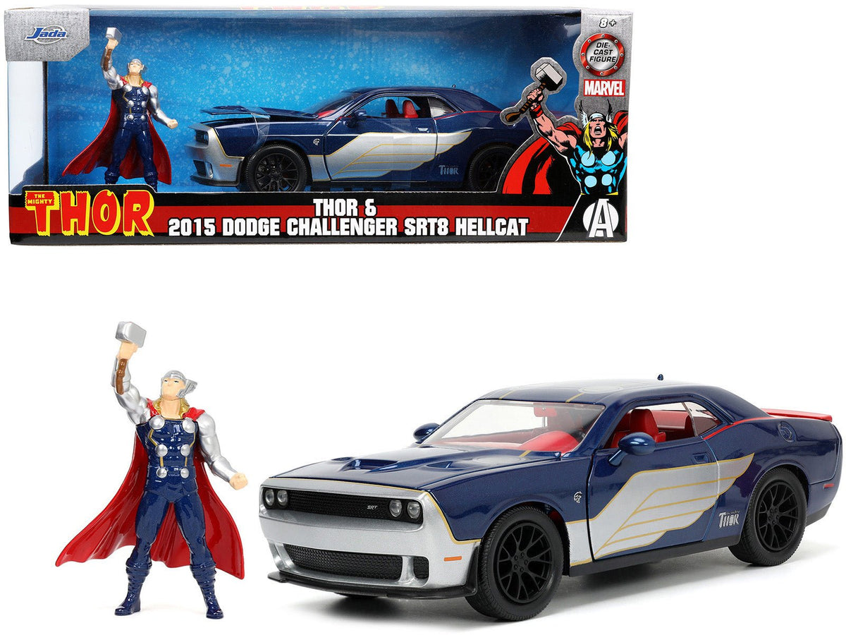 2015 Dodge Challenger SRT Hellcat Dark Blue with Graphics and Red Interior and Thor Diecast Figure "The Mighty Thor" "Marvel" Series 1/24 Diecast Model Car by Jada free shipping USA