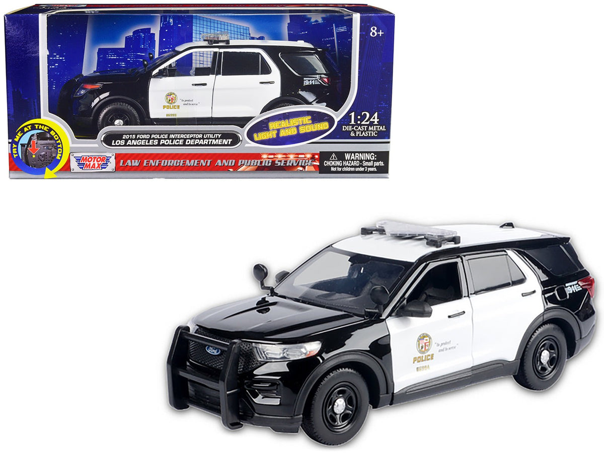 2015 Ford Police Interceptor Utility Black and White "Los Angeles Police Department (LAPD)" with Flashing Light Bar and Front and Rear Lights and Sounds 1/24 Diecast Model Car by Motormax free shipping USA