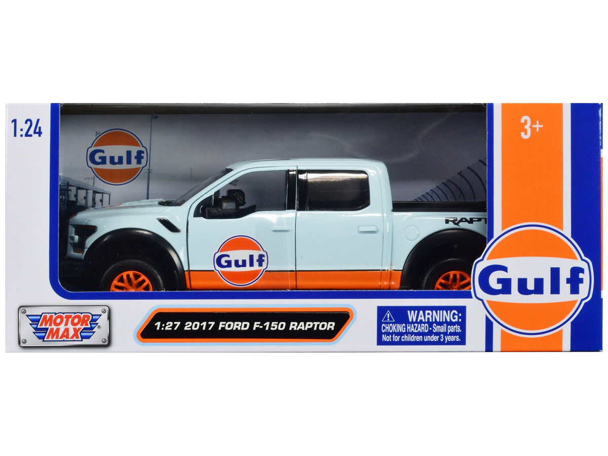 2017 Ford F-150 Raptor Pickup Truck Light Blue with Orange Stripes "Gulf Oil" "Gulf Die-Cast Collection" 1/27 Diecast Model Car by Motormax free shipping USA