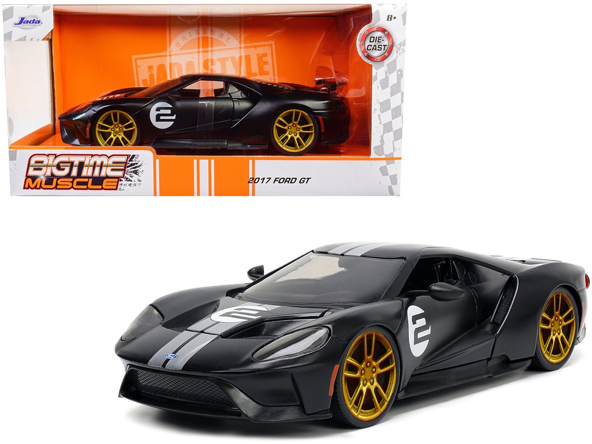 2017 Ford GT #2 Matt Black with Silver Stripes and Gold Wheels "Bigtime Muscle" Series 1/24 Diecast Model Car by Jada free shipping USA