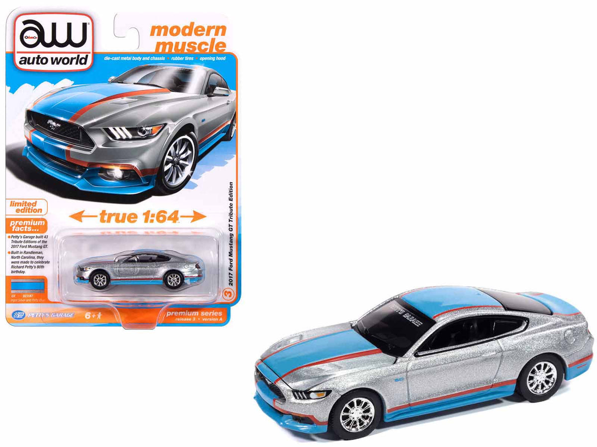 2017 Ford Mustang GT Tribute Edition "Petty's Garage" Ingot Silver Metallic with Petty Blue and Red Stripes "Modern Muscle" Series 1/64 Diecast Model Car by Auto World free shipping USA