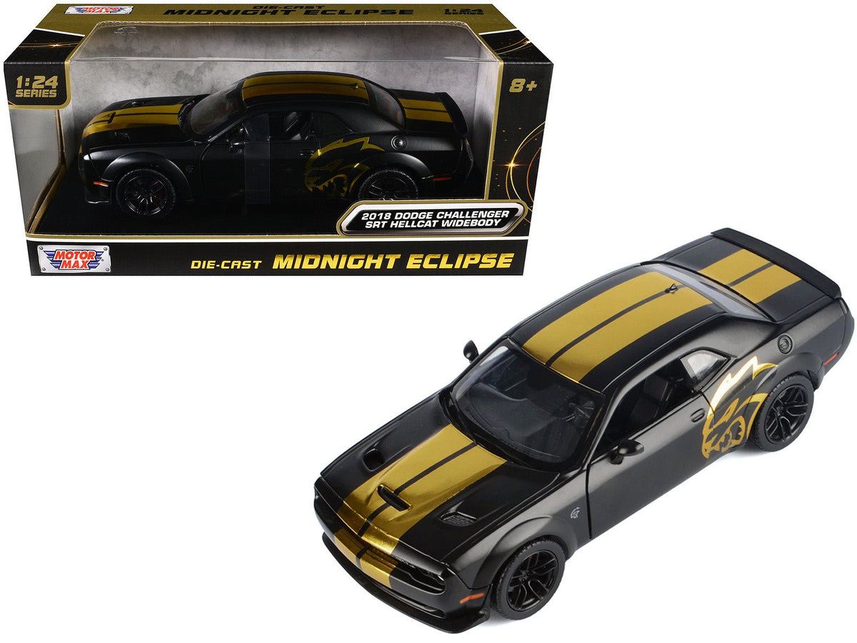 2018 Dodge Challenger SRT Hellcat Widebody Matt Black with Gold Stripes and Graphics "Midnight Eclipse" Series 1/24 Diecast Model Car by Motormax free shipping USA