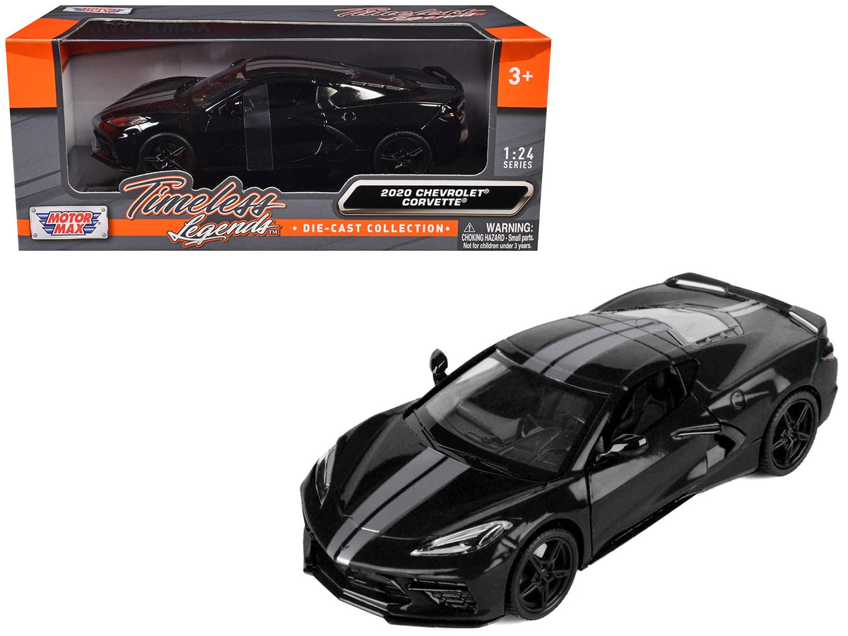 2020 Chevrolet Corvette C8 Stingray Black with Silver Stripes "Timeless Legends" Series 1/24 Diecast Model Car by Motormax free shipping USA