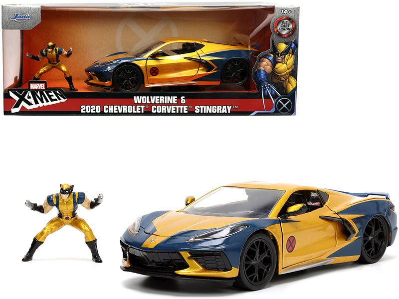 2020 Chevrolet Corvette C8 Stingray Gold Metallic and Dark Blue and Wolverine Diecast Figurine "X-Men" "Marvel" Series "Hollywood Rides" 1/24 Diecast Model Car by Jada free shipping USA