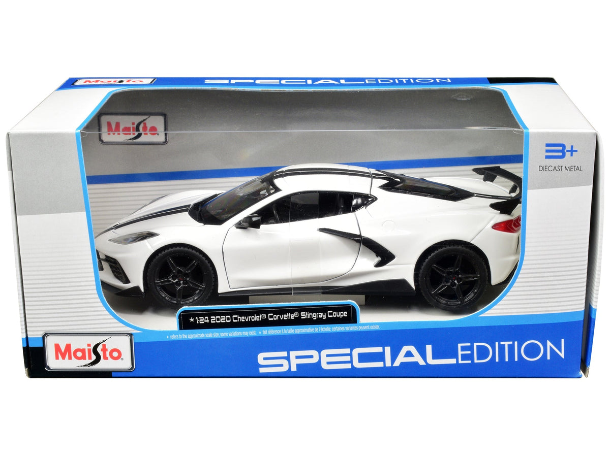 2020 Chevrolet Corvette Stingray Coupe White with Black Stripes "Special Edition" Series 1/24 Diecast Model Car by Maisto free shipping USA