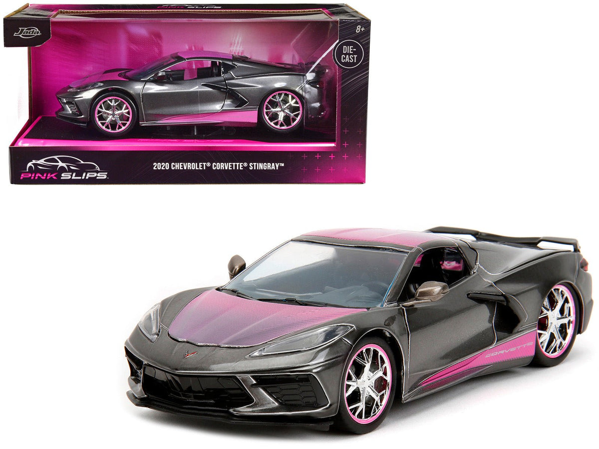 2020 Chevrolet Corvette Stingray Gray Metallic with Pink Carbon Hood and Top "Pink Slips" Series 1/24 Diecast Model Car by Jada free shipping USA