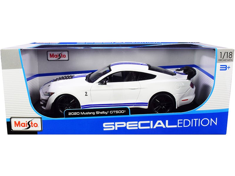 2020 Ford Mustang Shelby GT500 White with Blue Stripes "Special Edition" 1/18 Diecast Model Car by Maisto free shipping USA