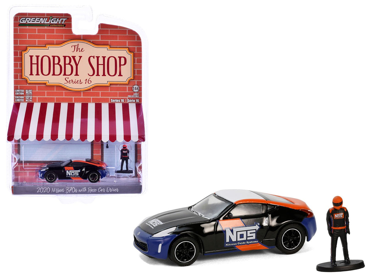 2020 Nissan 370z "NOS Nitrous Oxide Systems" Black with Graphics and Race Car Driver "The Hobby Shop" Series 16 1/64 Diecast Model Car by Greenlight free shipping USA