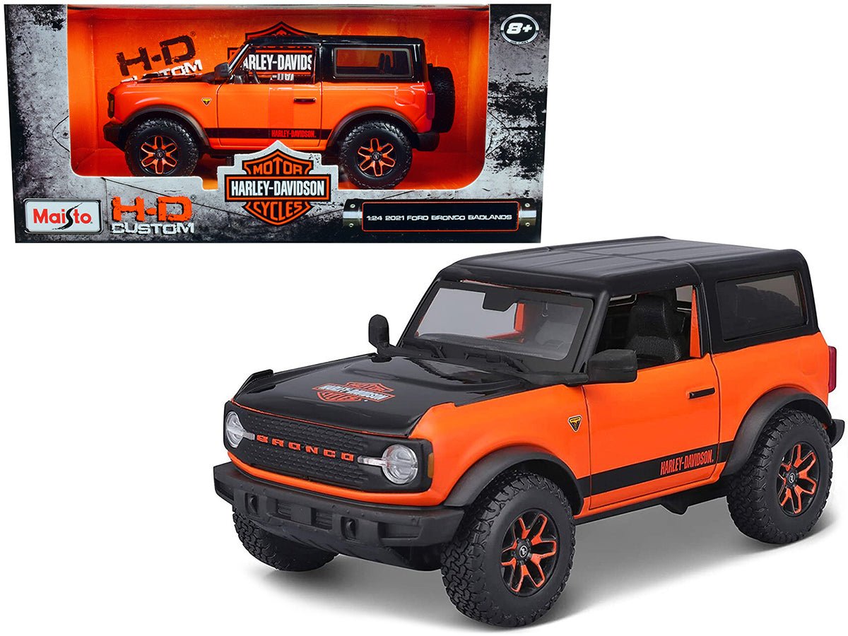 2021 Ford Bronco Badlands Orange and Black "Harley Davidson" "H-D Custom" Series 1/24 Diecast Model Car by Maisto free shipping USA