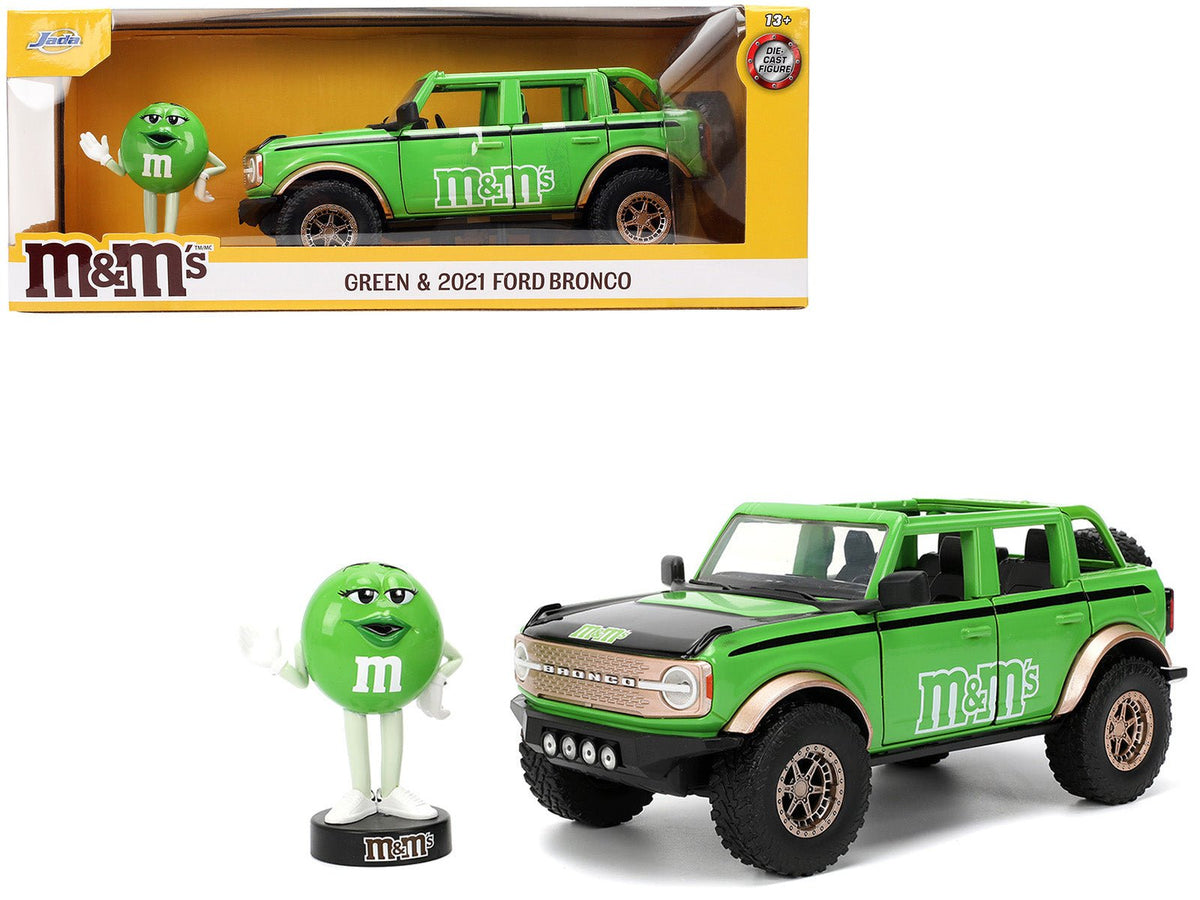 2021 Ford Bronco Green with Black Stripes and Green M&M's Diecast Figure "Hollywood Rides" Series 1/24 Diecast Model Car by Jada free shipping USA