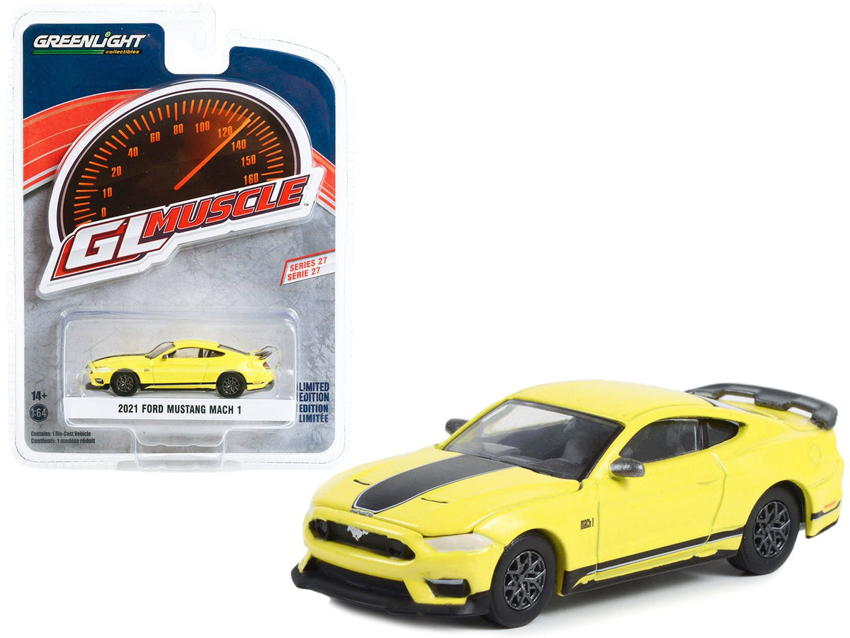 2021 Ford Mustang Mach 1 Grabber Yellow with Black Stripes "Greenlight Muscle" Series 27 1/64 Diecast Model Car by Greenlight free shipping USA