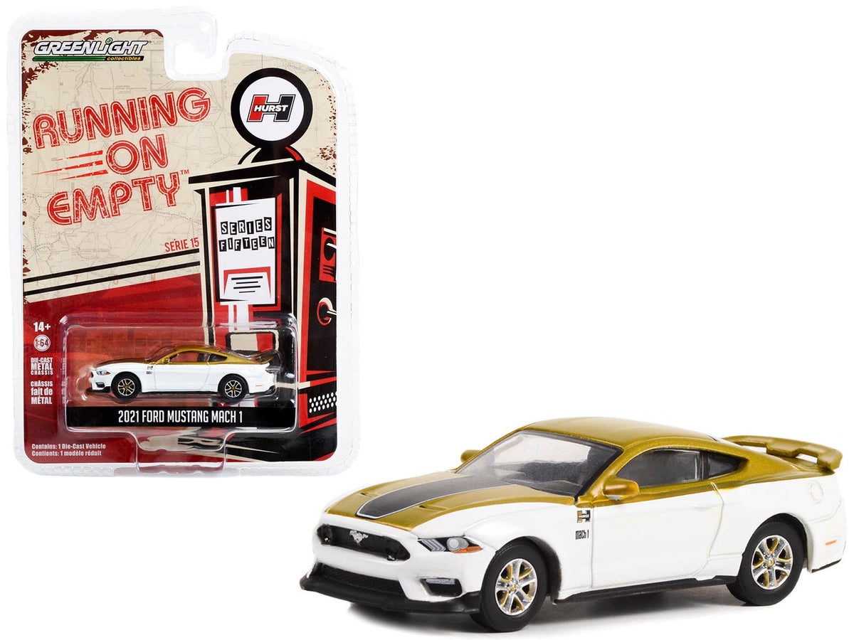 2021 Ford Mustang Mach 1 White and Gold with Black Stripe "Hurst Performance" "Running on Empty" Series 15 1/64 Diecast Model Car by Greenlight free shipping USA