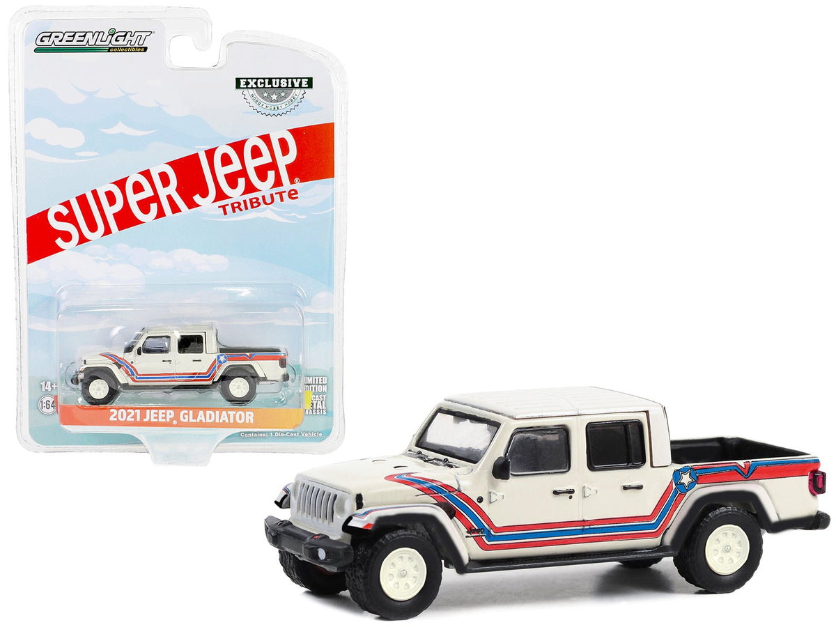 2021 Jeep Gladiator Pickup Truck "Super Jeep Tribute" White with Red and Blue Stripes "Hobby Exclusive" Series 1/64 Diecast Model Car by Greenlight free shipping USA