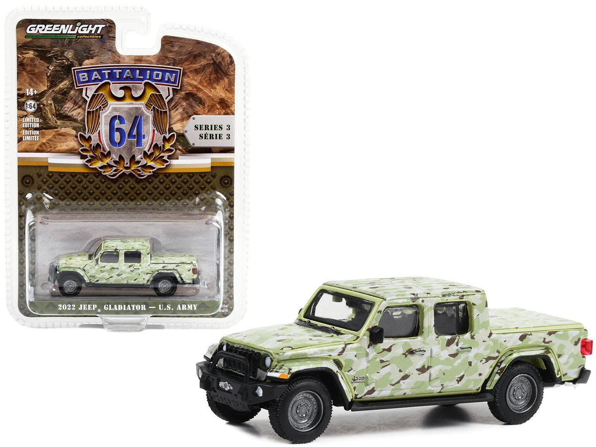 2022 Jeep Gladiator Pickup Truck "U.S. Army" Military-Spec Camouflage "Battalion 64" Series 3 1/64 Diecast Model Car by Greenlight free shipping USA