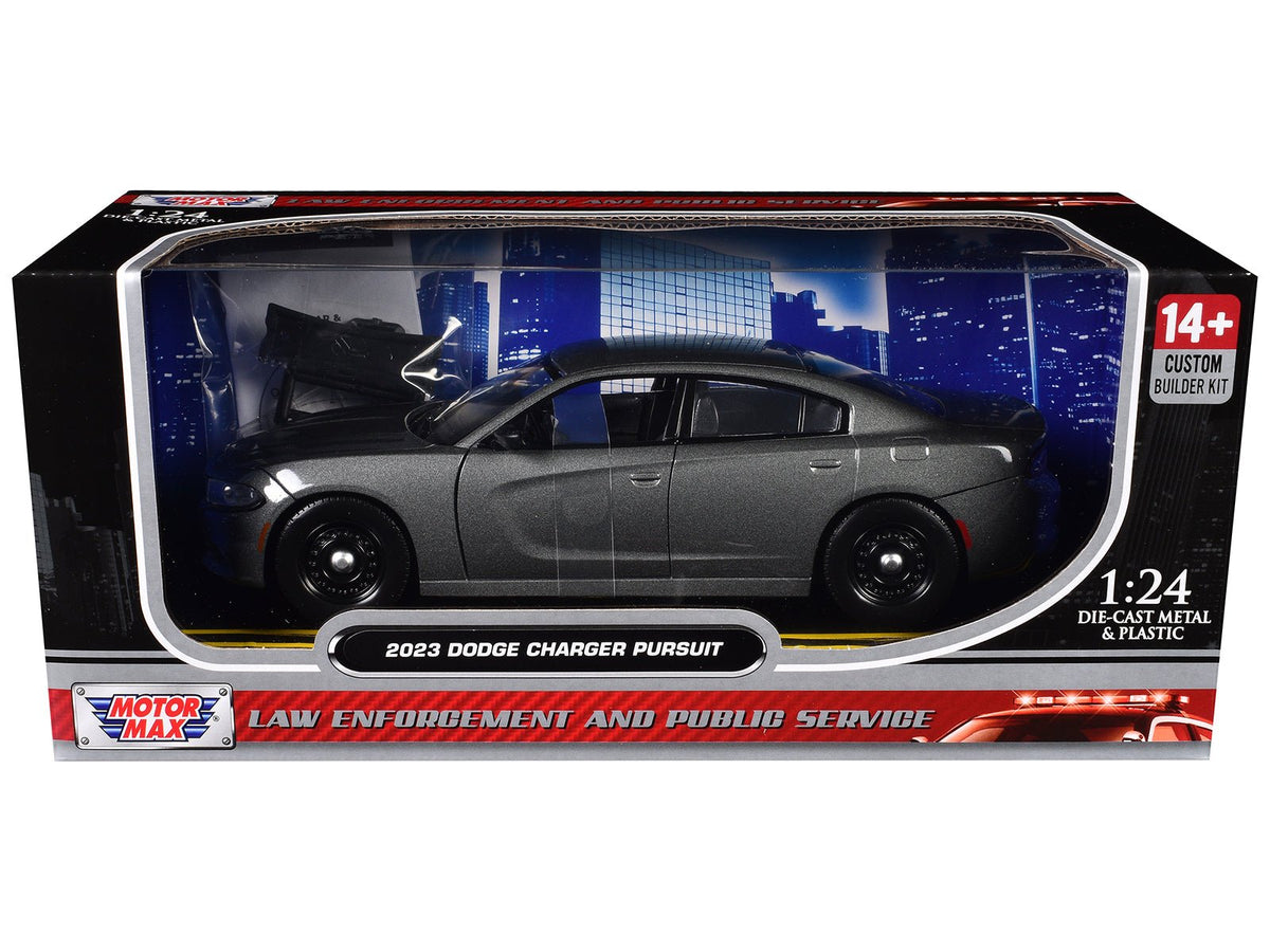 2023 Dodge Charger Pursuit Police Car Gray Metallic "Custom Builder's Kit - Law Enforcement and Public Service" Series 1/24 Diecast Model Car by Motormax free shipping USA