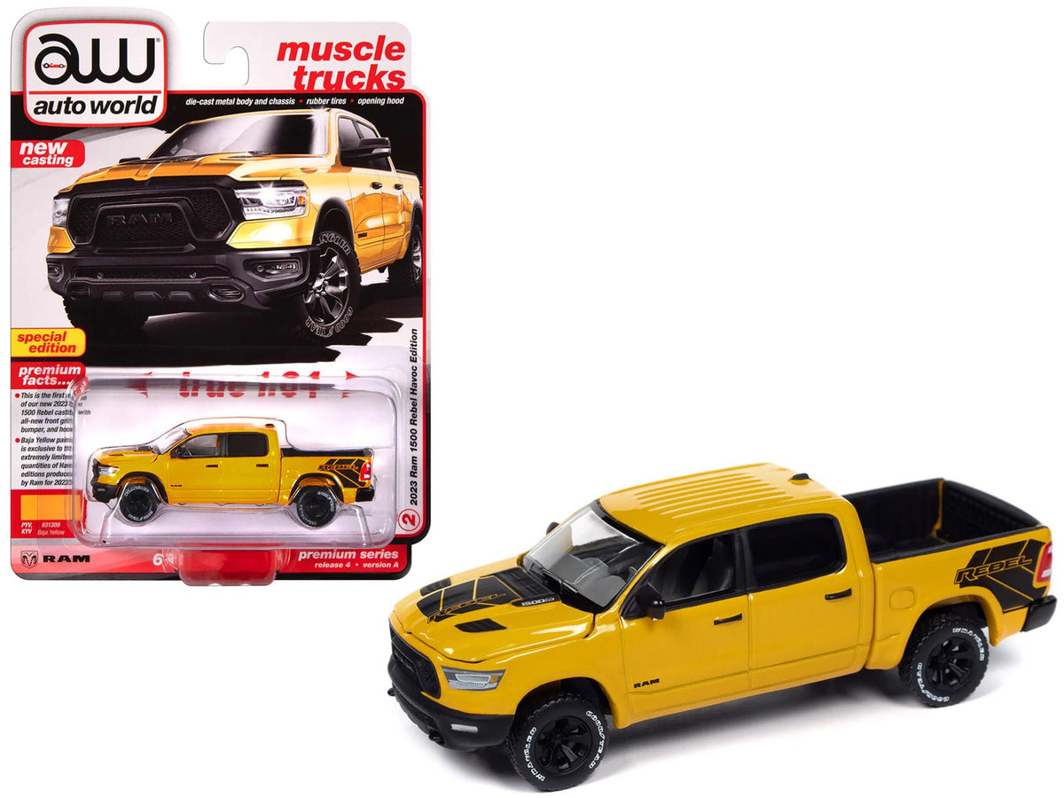 2023 Ram 1500 Rebel Havoc Edition Pickup Truck Baja Yellow "Muscle Trucks" Series 1/64 Diecast Model Car by Auto World free shipping USA