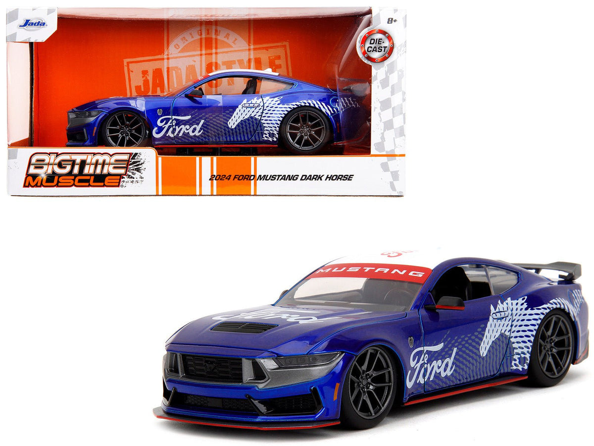 2024 Ford Mustang Dark Horse Candy Blue with White Top and "Mustang Horse Graphics" "Bigtime Muscle" Series 1/24 Diecast Model Car by Jada free shipping USA