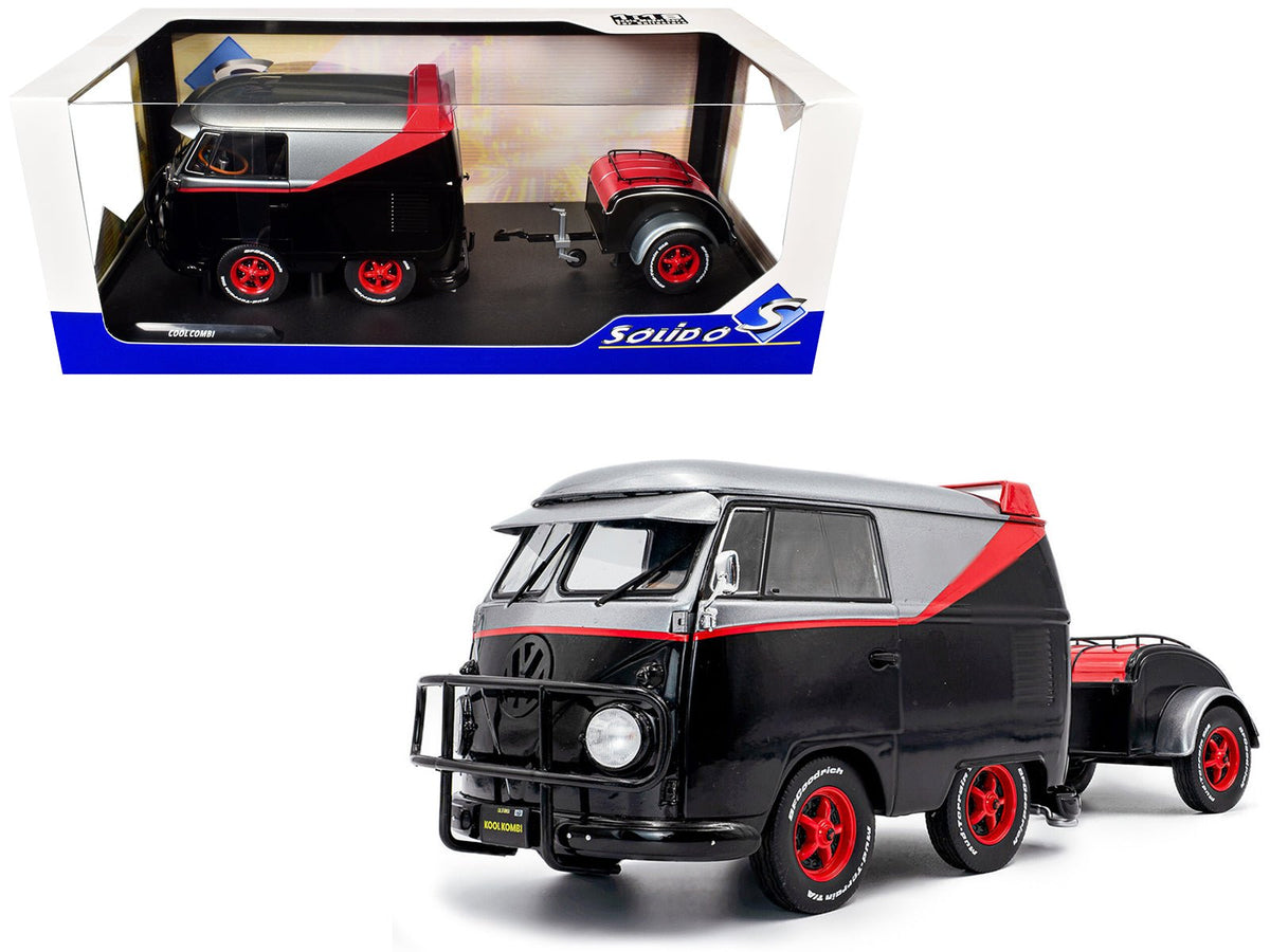 2024 Volkswagen Kool Kombi Sport Van with Trailer Black and Silver with Red Stripe 1/18 Diecast Model Car by Solido free shipping USA
