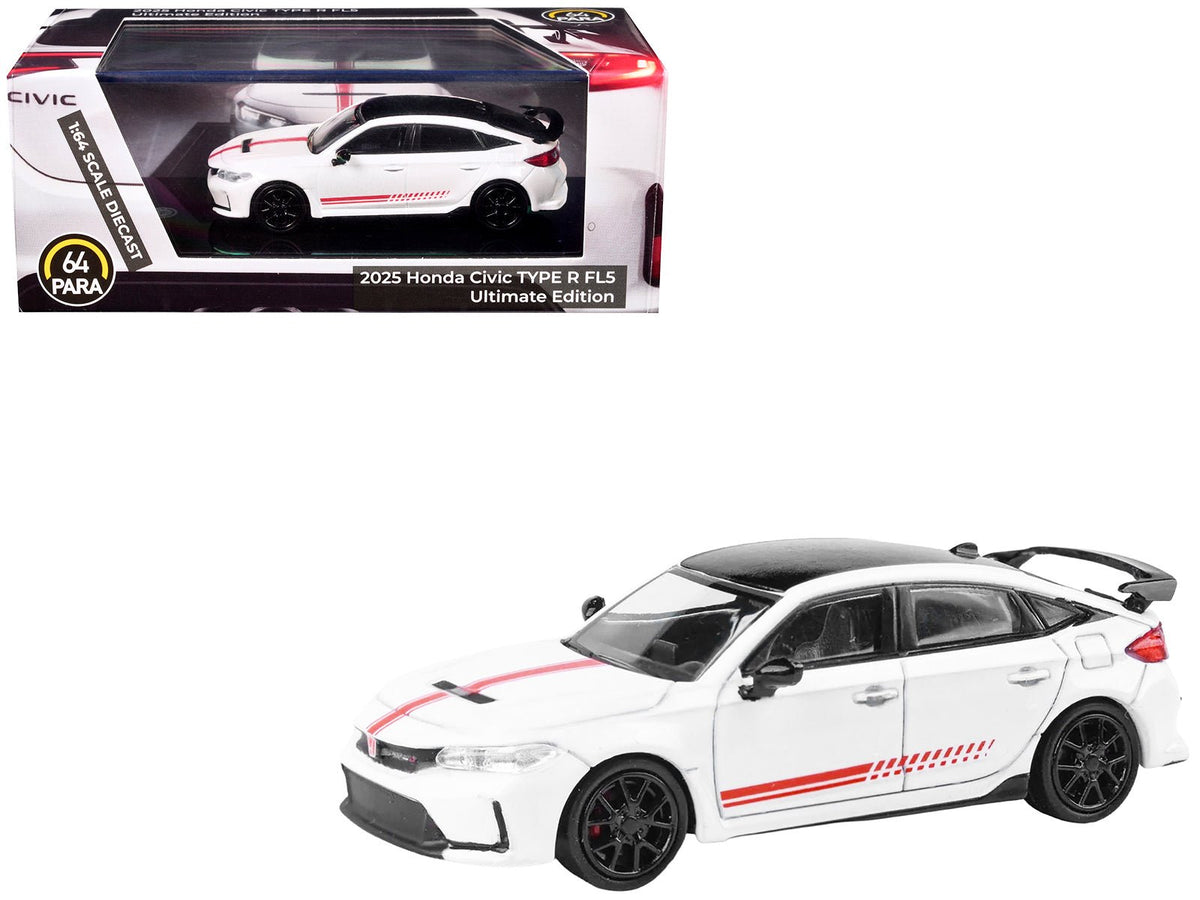 2025 Honda Civic Type R FL5 "Ultimate Edition" White with Red Stripes and Black Top 1/64 Diecast Model Car by Paragon free shipping USA