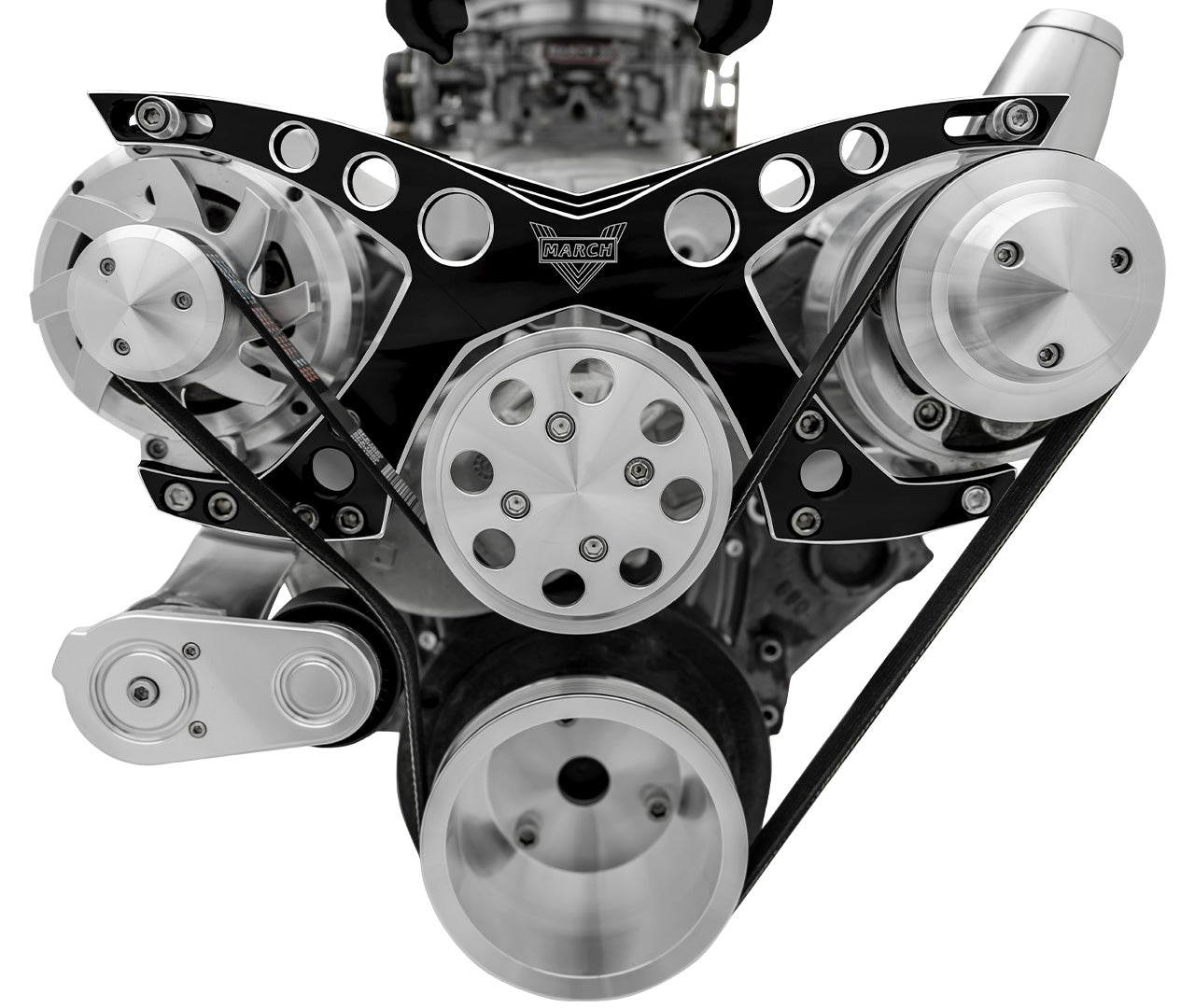 Small Block Chevy Revolver Serpentine System; PS & ALT; Saginaw-Keyway; BLK ONYX
