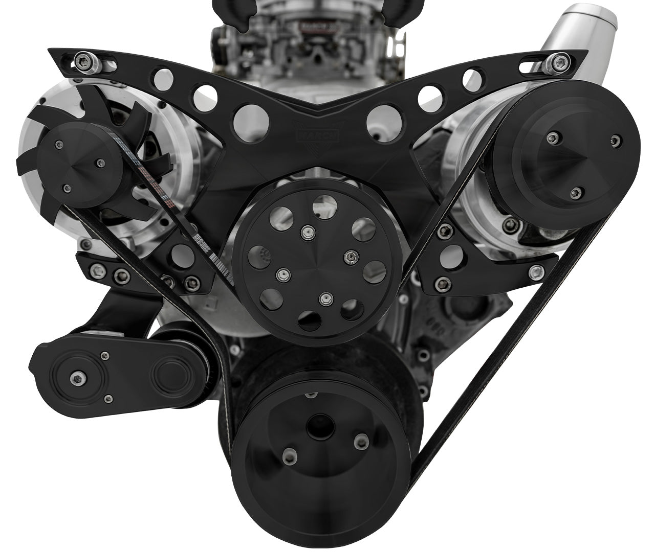 Small Block Chevy Revolver Serpentine System; PS & ALT; Saginaw-Keyway; Black