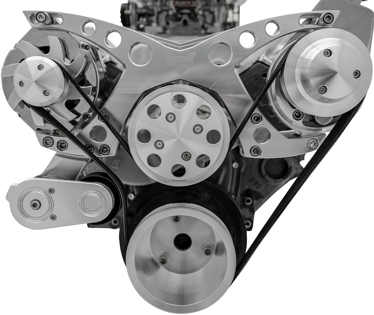 Small Block Chevy Revolver Serpentine System; PS & ALT; Saginaw-Keyway; Chrome