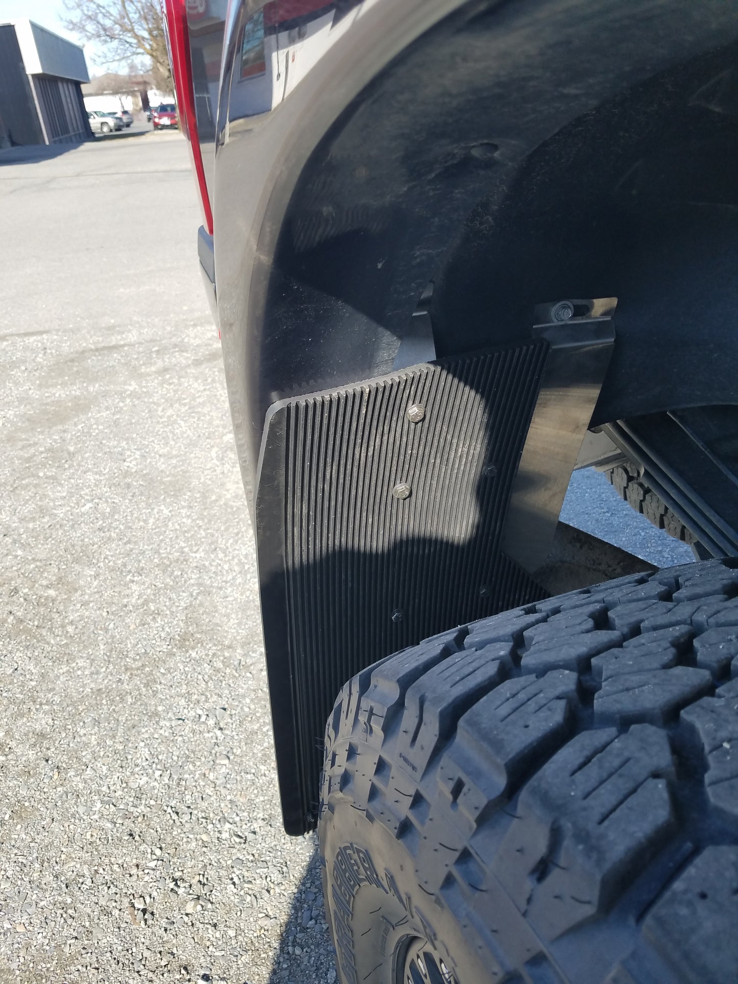 Universal 12" Front/Rear Set Back Mud Flap - 1" Offset - Black Poly-Coated Set-Back - 12"W X 15"H Flap With Stainless Steel Weight