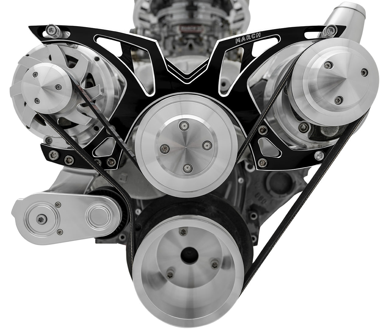 Small Block Chevy Style Track Serpentine System; PS & ALT; Billet; Black Onyx