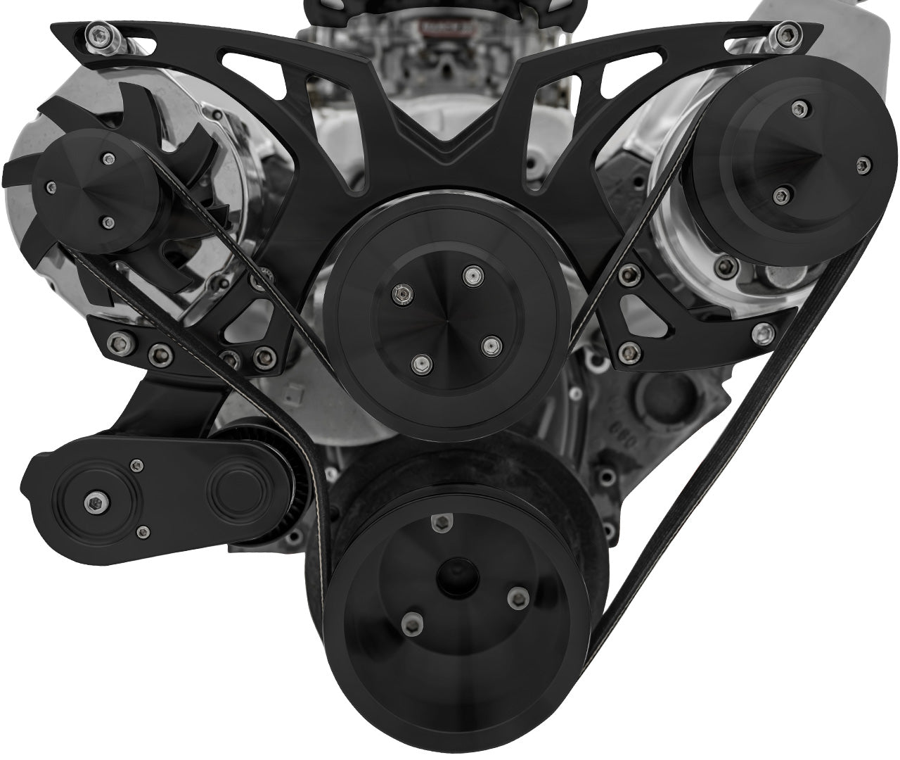 Small Block Chevy Style Track Serpentine System - PS & ALT - Saginaw-Key - Black