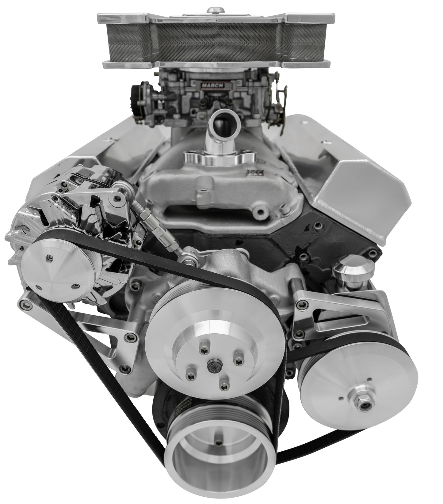 Small Block Chevy Serpentine Conversion; LWP - PS & ALT - Saginaw-Press - Silver
