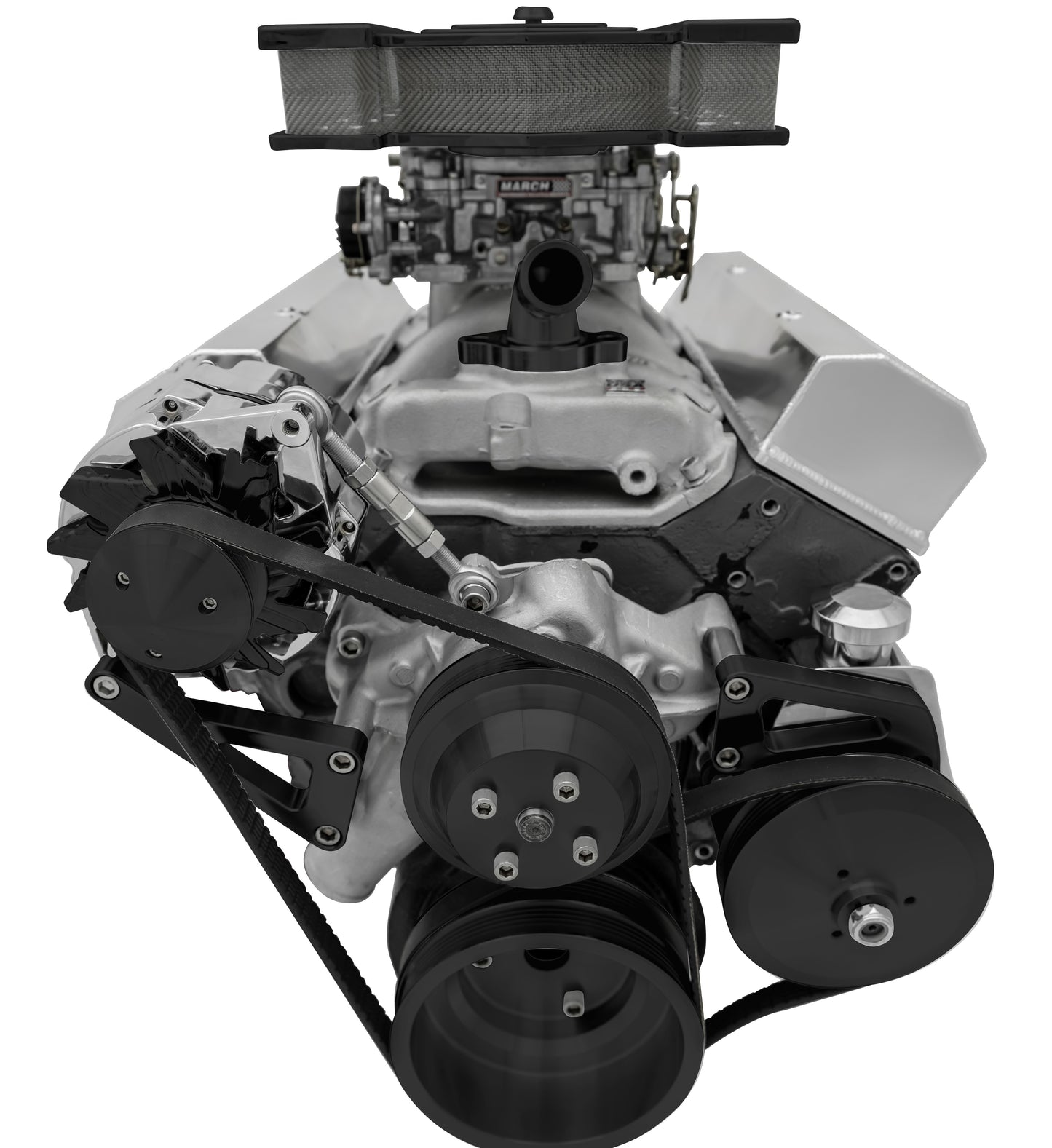 Small Block Chevy High Flow Serpentine Conversion; PS & ALT; Saginaw-Key; Black