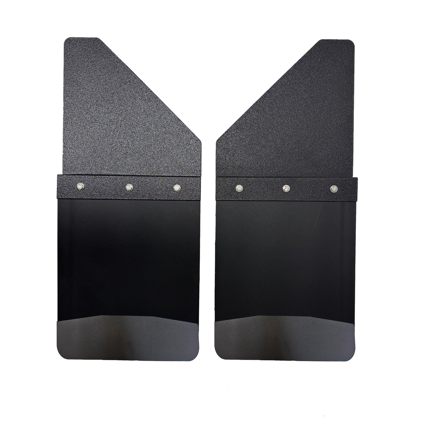 Universal 14" Front/Rear Set Back Mud Flap - 2" Offset - Black Poly-Coated Set-Back - 14"W X 15"H Flap With Black Powder-Coated Stainless Steel Weight