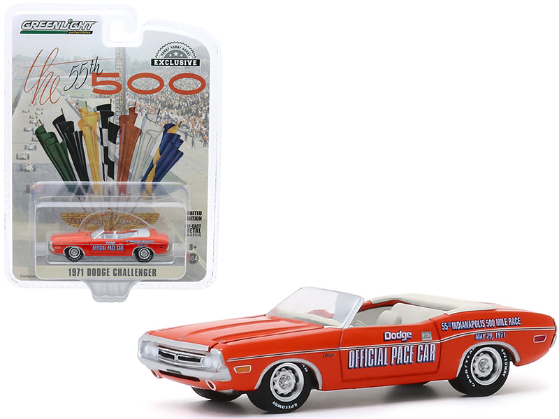 1971 Dodge Challenger Convertible Official Pace Car Orange "55th Indianapolis 500 Mile Race" "Hobby Exclusive" 1/64 Diecast Model Car by Greenlight free shipping USA