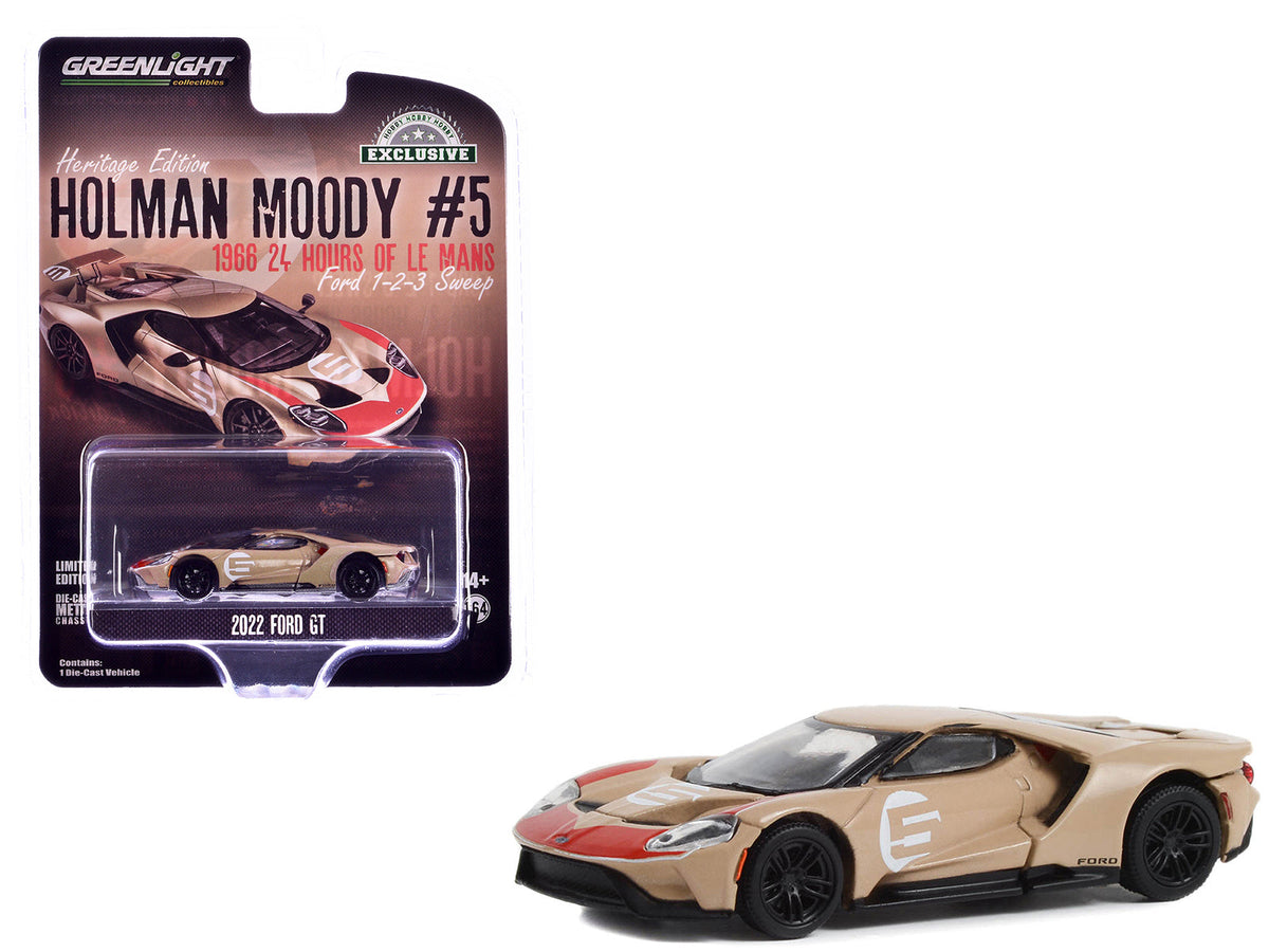2022 Ford GT Heritage Edition #5 Holman-Moody "1966 24 Hours of Le Mans Ford 1-2-3 Sweep Tribute" Gold Metallic with Red Accents "Hobby Exclusive" Series 1/64 Diecast Model Car by Greenlight free shipping USA