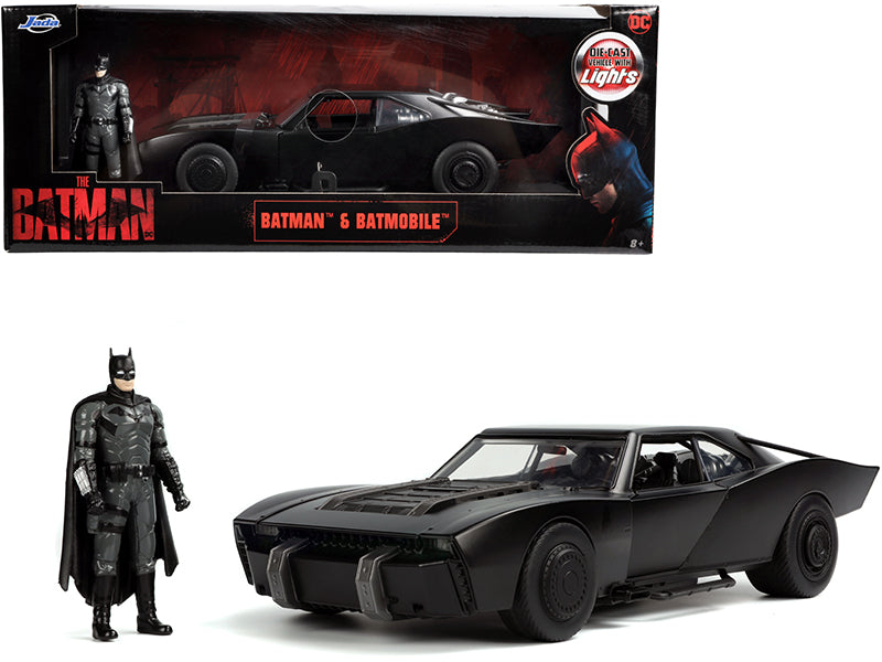 Batmobile Matt Black with Lights with Batman Diecast Figurine "The Batman" (2022) Movie "DC Comics" 1/18 Diecast Model Car by Jada free shipping USA