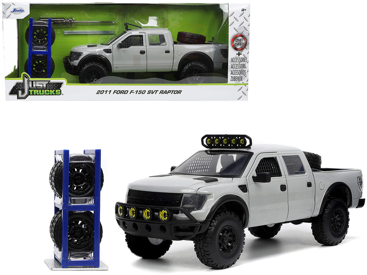 2011 Ford F-150 SVT Raptor Pickup Truck Light Gray with Extra Wheels "Just Trucks" Series 1/24 Diecast Model Car by Jada free shipping USA