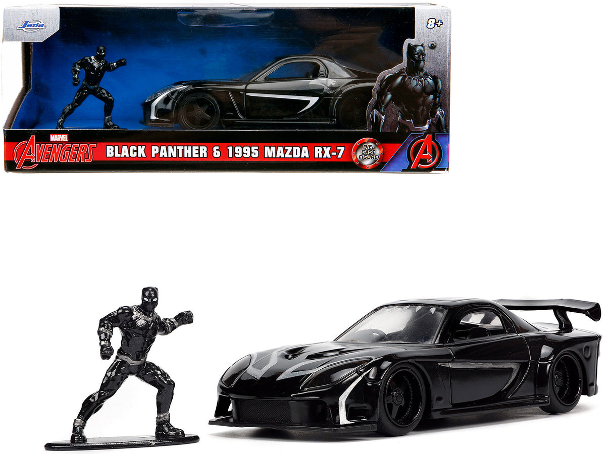 1995 Mazda RX-7 RHD (Right Hand Drive) Black and Black Panther Diecast Figure "The Avengers" "Hollywood Rides" Series 1/32 Diecast Model Car by Jada free shipping USA