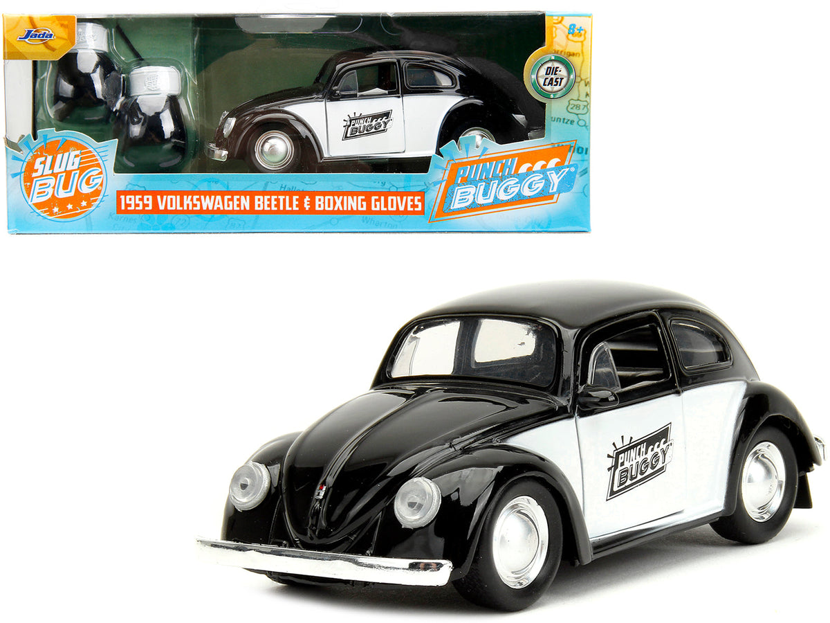1959 Volkswagen Beetle "Punch Buggy" Black and White and Boxing Gloves Accessory "Punch Buggy" Series 1/32 Diecast Model Car by Jada free shipping USA