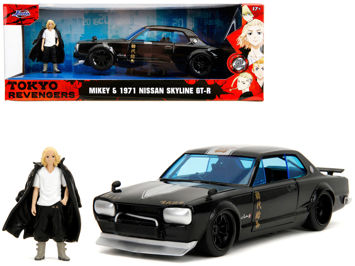 1971 Nissan Skyline GT-R RHD (Right Hand Drive) Black with Silver Stripe and Mikey Diecast Figure "Tokyo Revengers" (2021) TV Series "Anime Hollywood Rides" Series 1/24 Diecast Model Car by Jada free shipping USA
