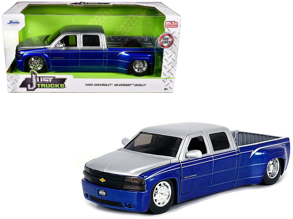 1999 Chevrolet Silverado Dually Pickup Truck Blue Metallic and Silver with Stock Wheels "Just Trucks" Series 1/24 Diecast Model Car by Jada free shipping USA