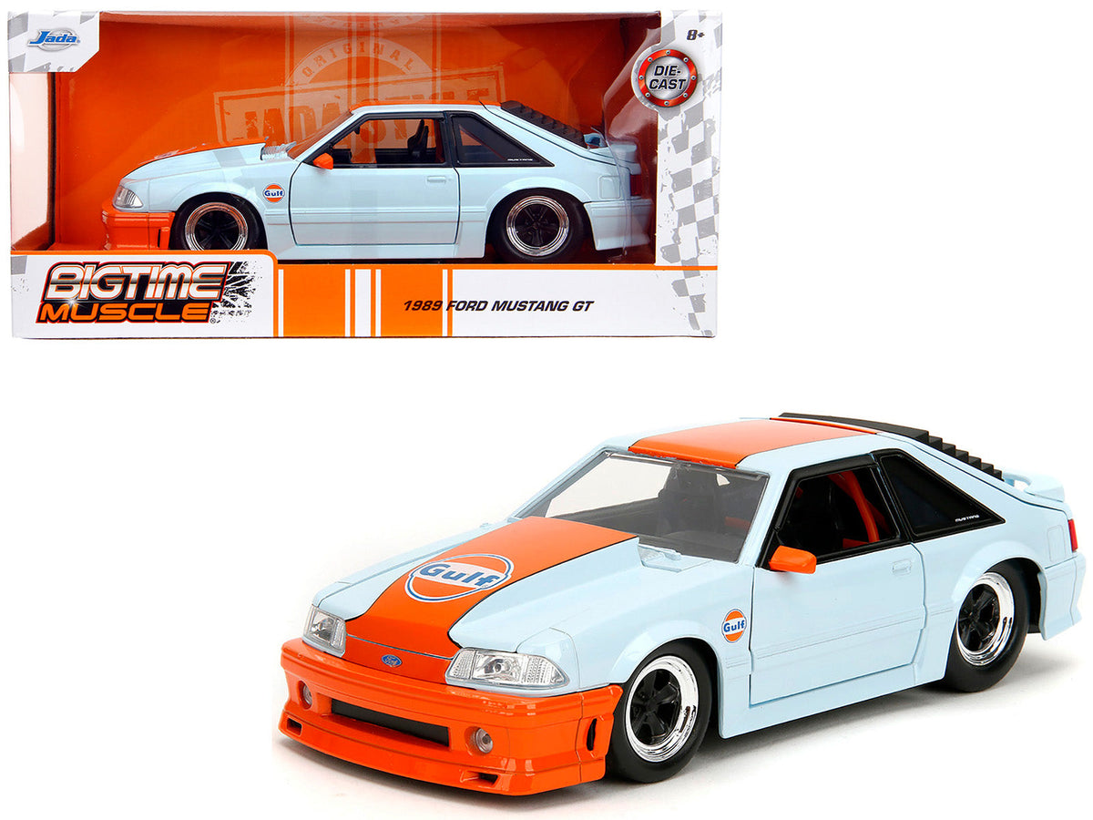 1989 Ford Mustang GT "Gulf Oil" Light Blue with Orange Stripe "Bigtime Muscle" Series 1/24 Diecast Model Car by Jada free shipping USA