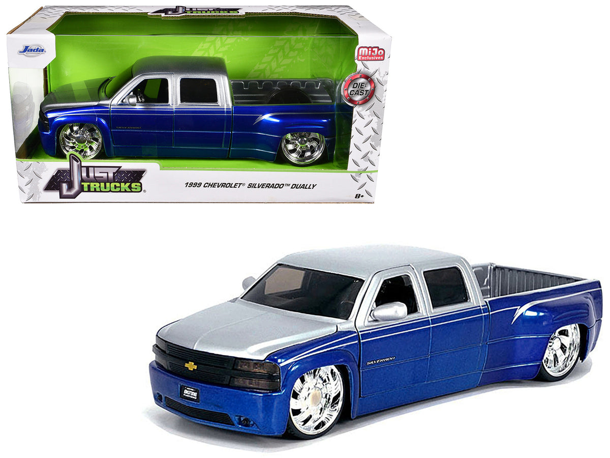 1999 Chevrolet Silverado Dually Pickup Truck Blue Metallic and Silver with Custom KMC Wheels "Just Trucks" Series 1/24 Diecast Model Car by Jada free shipping USA