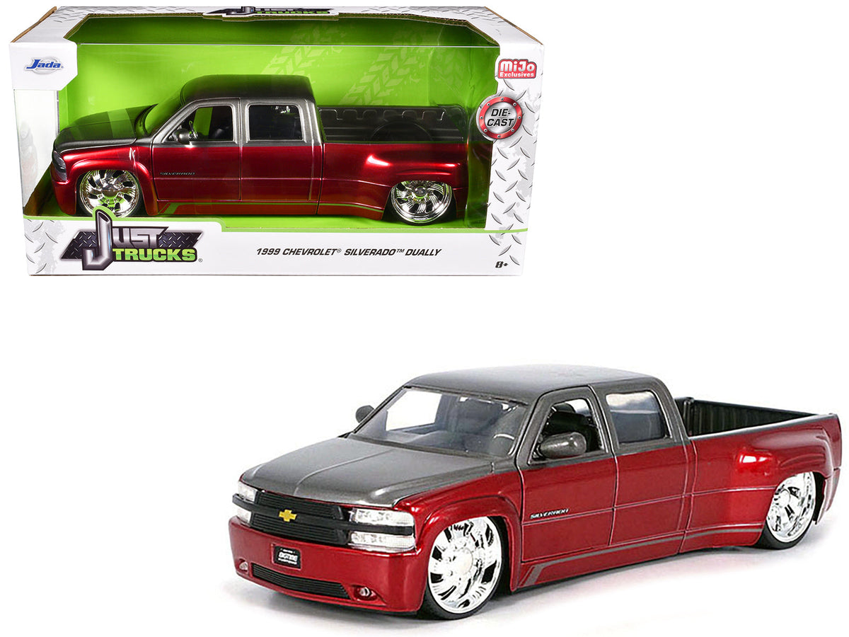 1999 Chevrolet Silverado Dually Pickup Truck Red Metallic and Gray with Custom KMC Wheels "Just Trucks" Series 1/24 Diecast Model Car by Jada free shipping USA