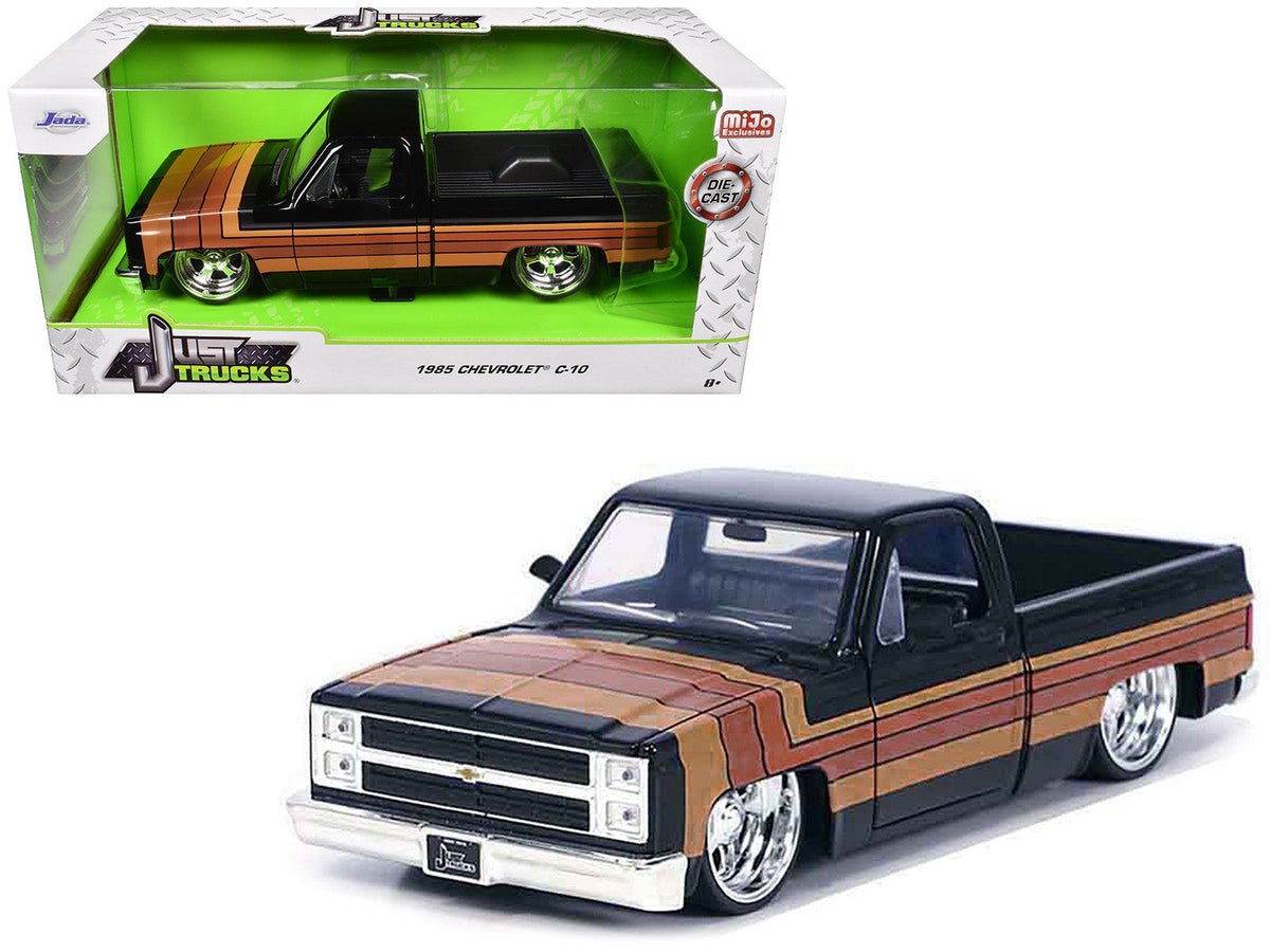 1985 Chevrolet C-10 Pickup Truck Black with Stripes and Paradox Wheels "Just Trucks" Series 1/24 Diecast Model Car by Jada free shipping USA