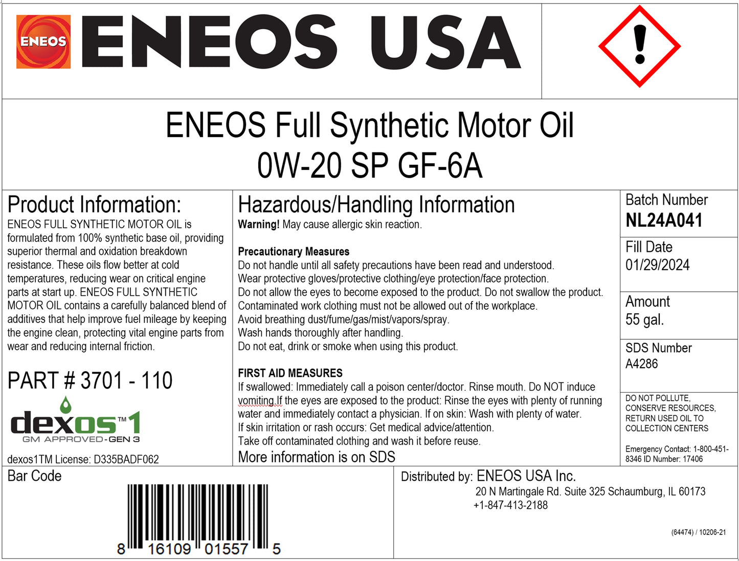 ENEOS FULL SYNTH MOTOROIL 0W-20 55gal