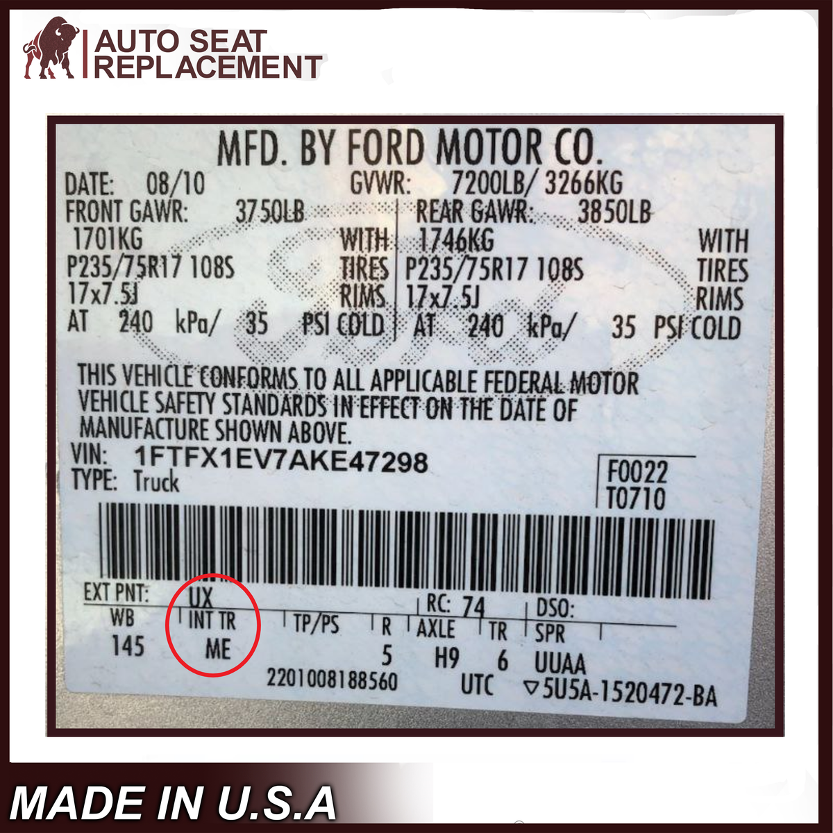 2009 2010 Ford F150 XLT Driver Or Passenger Bottom Replacement Seat Cover Gray